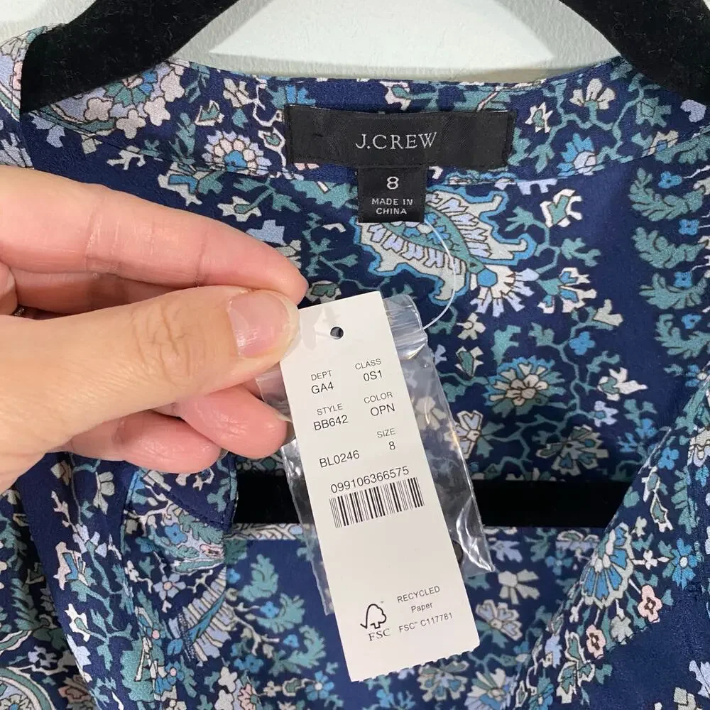 J.Crew Women Blue Paisley Tie-Front 100% Silk Shirt Dress Size 8 NWT #BB642
